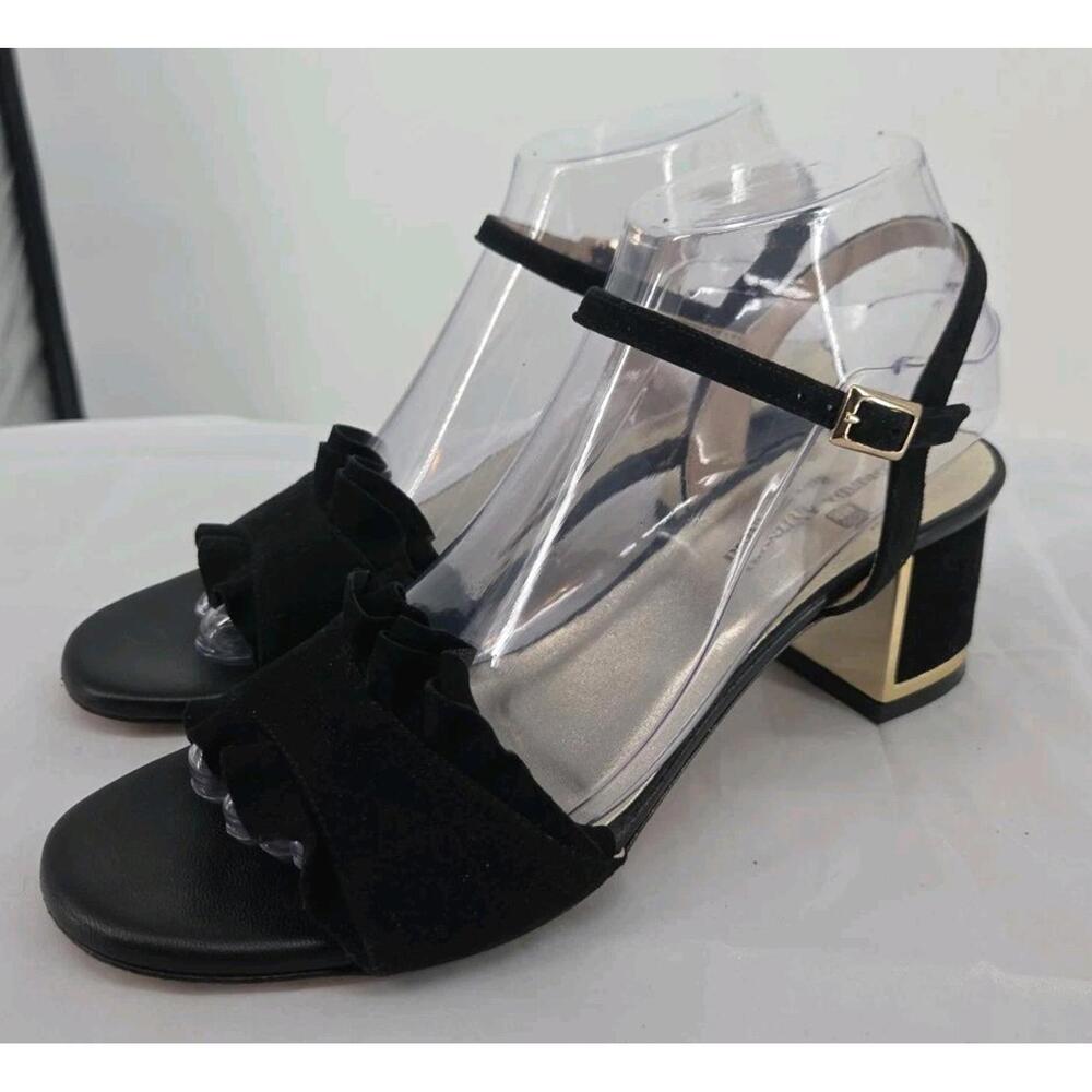Clorinda Antinori Ruffle Sandal 6 Black Suede Gold Block Heel Made In Italy